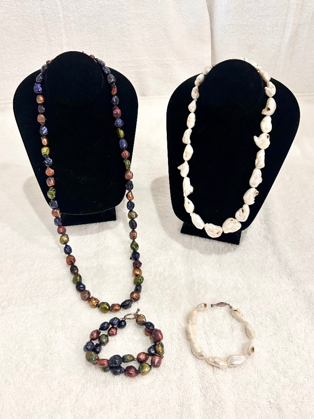 Lot of 2 Necklace and Bracelet Sets White Abalone Shell and Multi Color stone